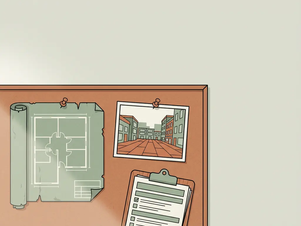 Verouderde renovatieblauwdruk op kurkbord naast een foto van gerenoveerde woningblokbinnenplaats, met kwaliteitsbeoordelingsformulieren op klembord.