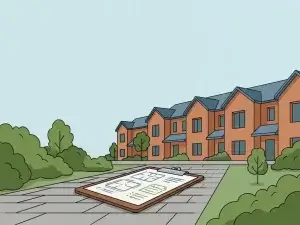 Versleten renovatieklembord met bouwschetsen op een nieuw bestraat woonpad, omringd door frisse struiken en een gerenoveerde woningblokgevel.
