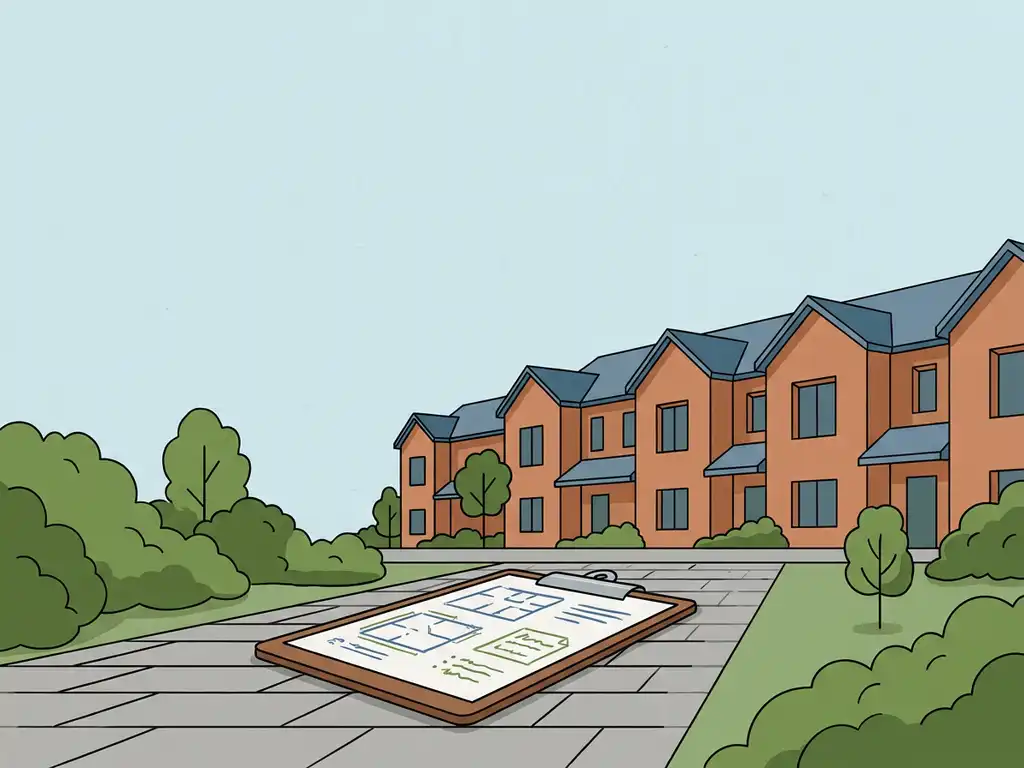 Versleten renovatieklembord met bouwschetsen op een nieuw bestraat woonpad, omringd door frisse struiken en een gerenoveerde woningblokgevel.