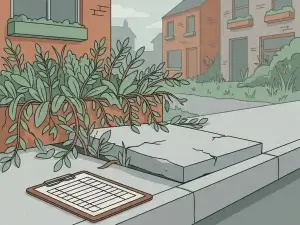 Omhooggedrukte betonnen stoeptegel door weelderige beplanting in Nederlandse woonstraat, met verlaten klembord op de stoeprand.