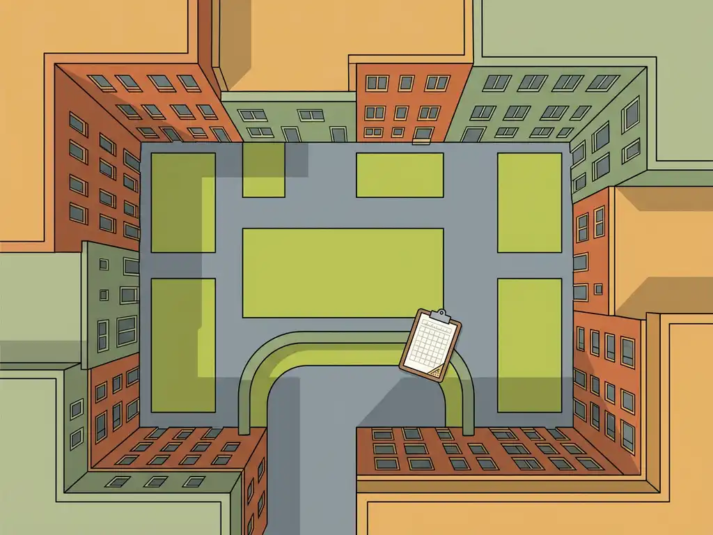 Vogelvluchtillustratie van een Nederlandse woonwijk met bakstenen flats, groene grasvlakken en klinkerpleinen, met een klembord op een tuinrand.