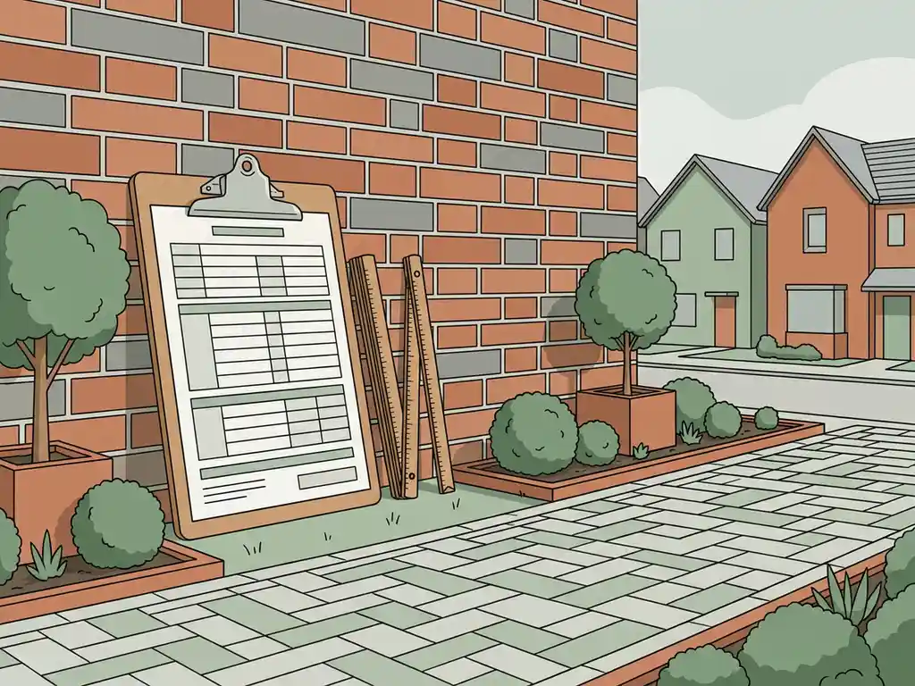 Gerenoveerde straat met nieuwe bestrating en groene borders, clipboard met inspectieformulier tegen bakstenen muur.