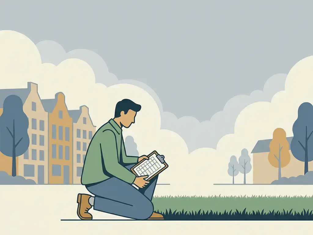 Veldinspecteur hurkt bij een verzorgde grasrand op een Nederlandse woonstraat, klembord met checklist op knie, rijtjeshuizen op achtergrond.