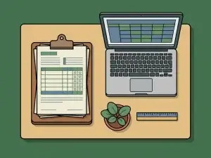 Klembord met veldinspectieformulieren op gemeentelijk bureau naast laptop met spreadsheet, groene plant en liniaal.