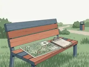 Gedetailleerde veldkaart en versleten inspectieklembord op een verweerde houten parkbank, omgeven door verzorgd gras.