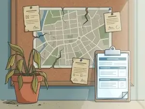 Verouderde straatkaart op een verweerd kurkbord naast verouderde inspectienotities en een nieuw klembord met verse meetbladen.