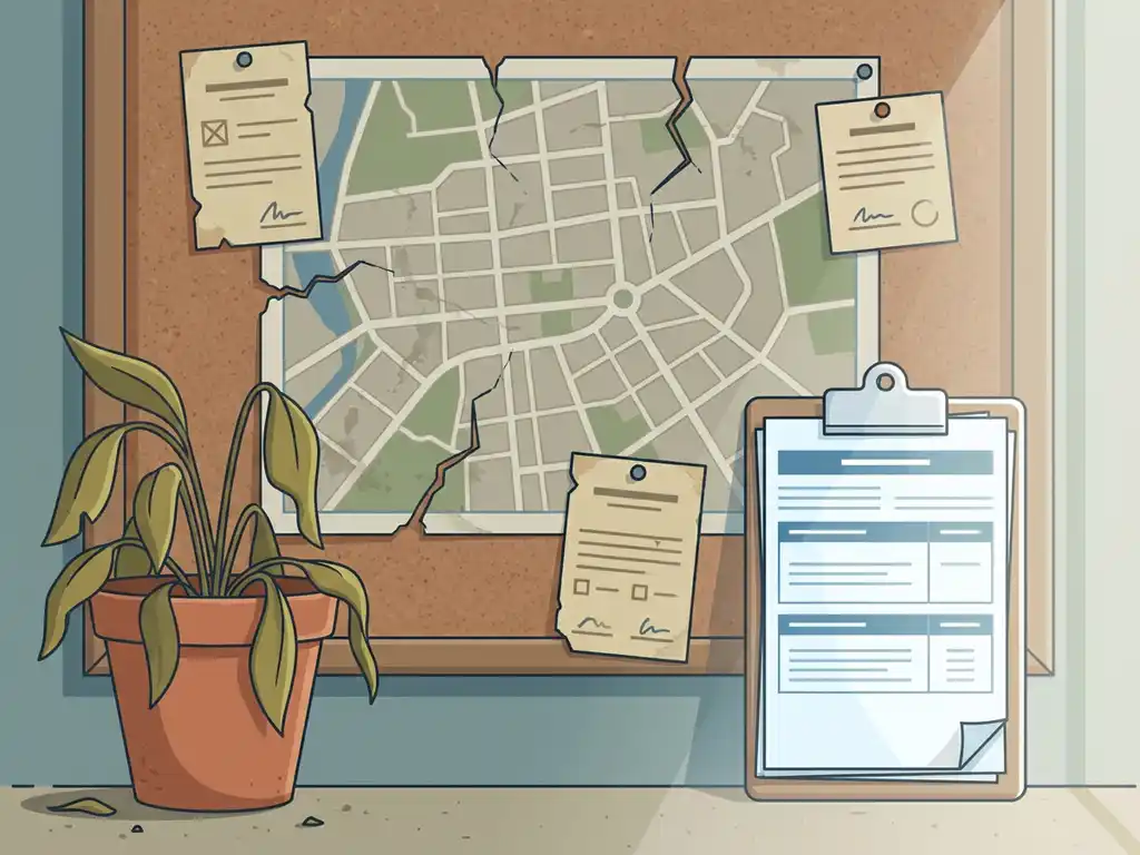 Verouderde straatkaart op een verweerd kurkbord naast verouderde inspectienotities en een nieuw klembord met verse meetbladen.