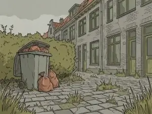 Verwaarloosde kinderkopjesstraat in Nederlandse woonwijk met onkruid, overvolle afvalbak en ongesnoeid heg onder bewolkte lucht.