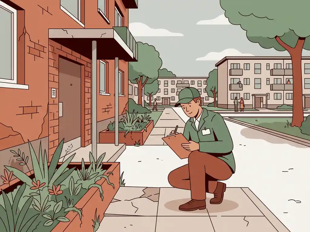 Woningcorporatie-inspecteur hurkt bij verweerde bakstenen flatingang, controleert gebarsten tegel en overwoekerd plantsoen met klembord.