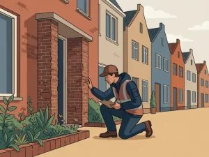Woningcorporatie-inspecteur hurkt bij een portiek en onderzoekt verweerd metselwerk, met Nederlandse rijtjeshuizen op de achtergrond.