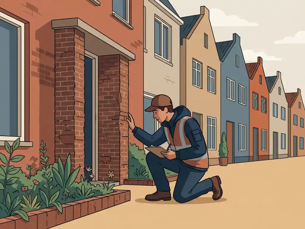 Woningcorporatie-inspecteur hurkt bij een portiek en onderzoekt verweerd metselwerk, met Nederlandse rijtjeshuizen op de achtergrond.