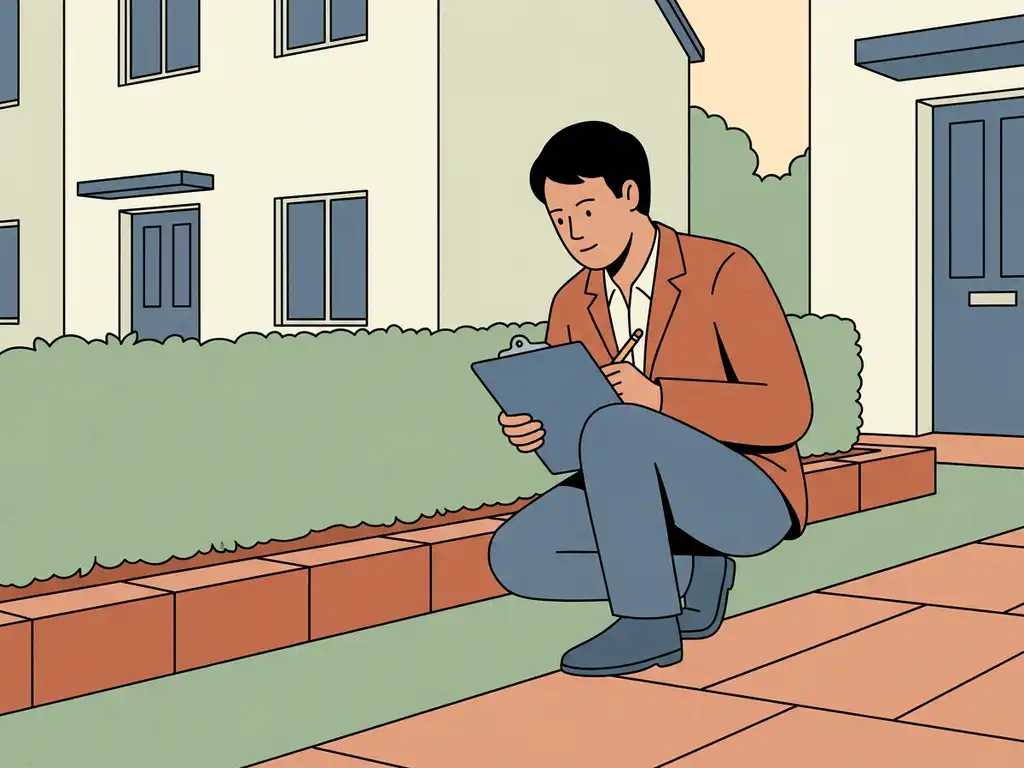 Woningcorporatie-inspecteur hurkt bij verzorgd tuinbed, klembord op knie, controleert heggen en bestrating in terracotta en saliegroen.