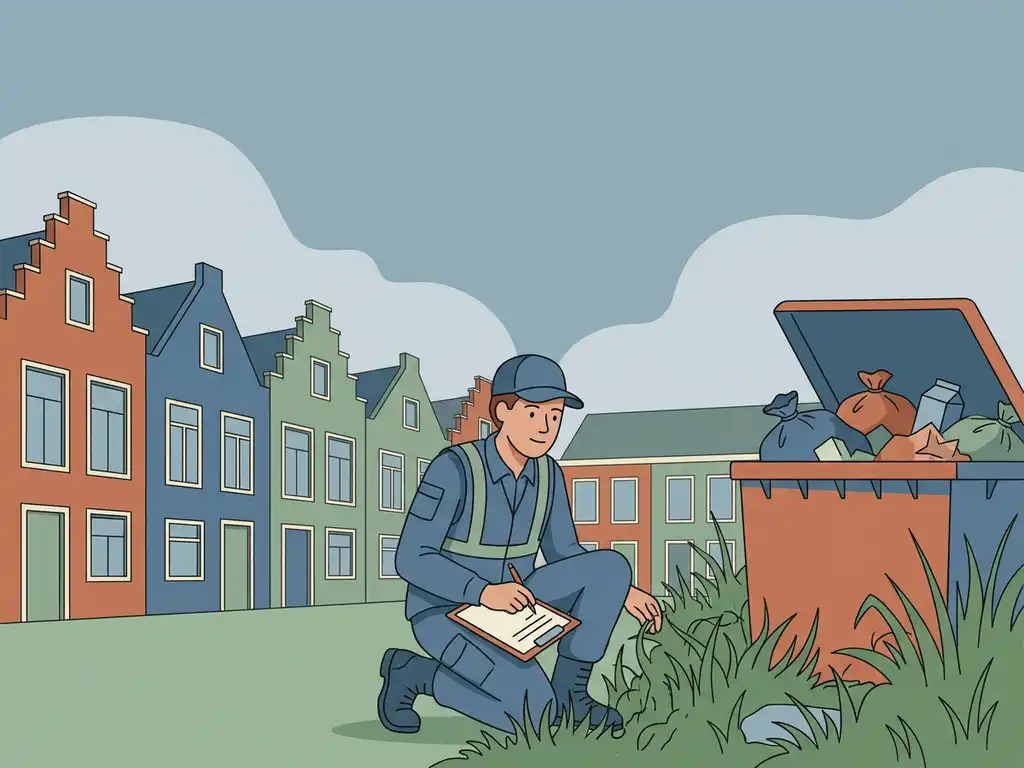 Woningcorporatie-inspecteur hurkt bij overvolle afvalbak en verwaarloosde grasrand in woonhof, klembord op knie, rijtjeshuizen op achtergrond.