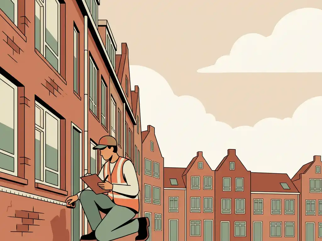 Woningcorporatiemedewerker inspecteert bakstenen gevel van sociale huurwoning met klembord, rij Nederlandse woonblokken op achtergrond.