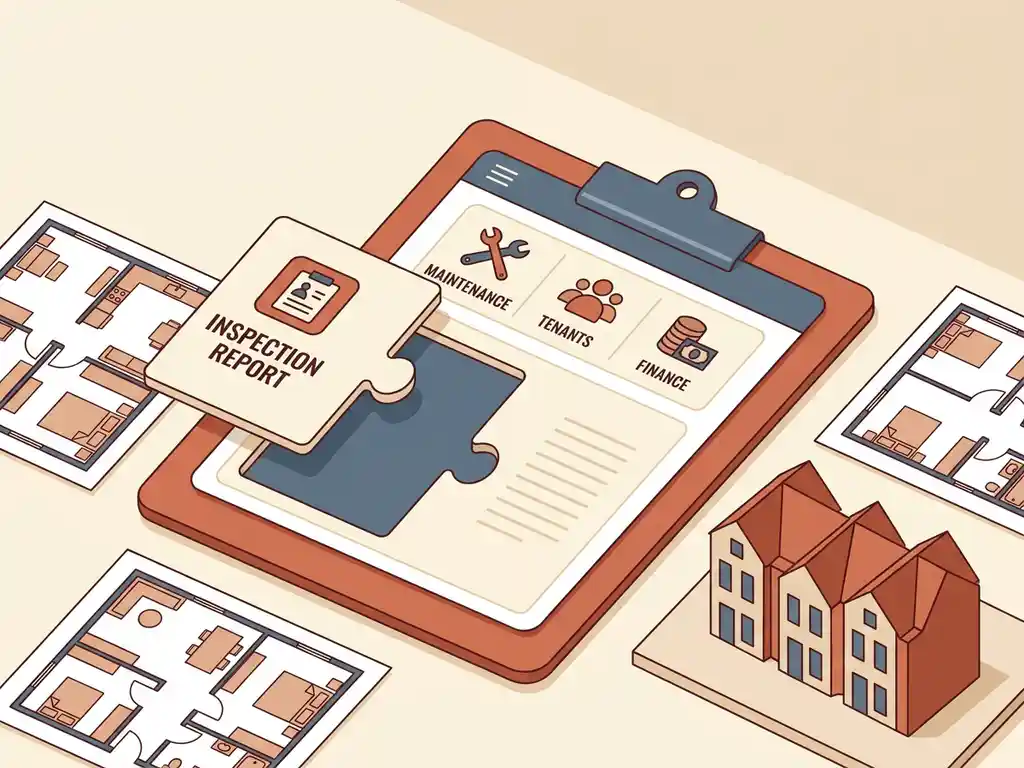 Vastgoedinspectierapport dat als puzzelstuk in een beheerdersdashboard past, omringd door plattegronden en een architectuurmodel van een woonblok.