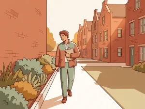 Woningcorporatiemedewerker met klembord inspecteert beplanting in een nette Nederlandse woonbuurt op een herfstige middag.