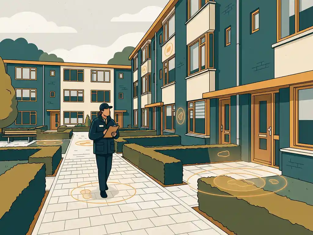 Woninginspecteur met klembord in een verzorgde Nederlandse woonhof, omgeven door laagbouw appartementen en keurig gesnoeide hagen.