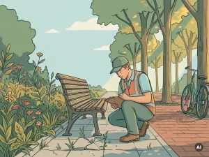 Veldinspecteur hurkt naast verweerde parkbank op boomrijke Nederlandse straat, klembord op knie, notities over gebarsten stoeptegel en overwoekerd plantvak.