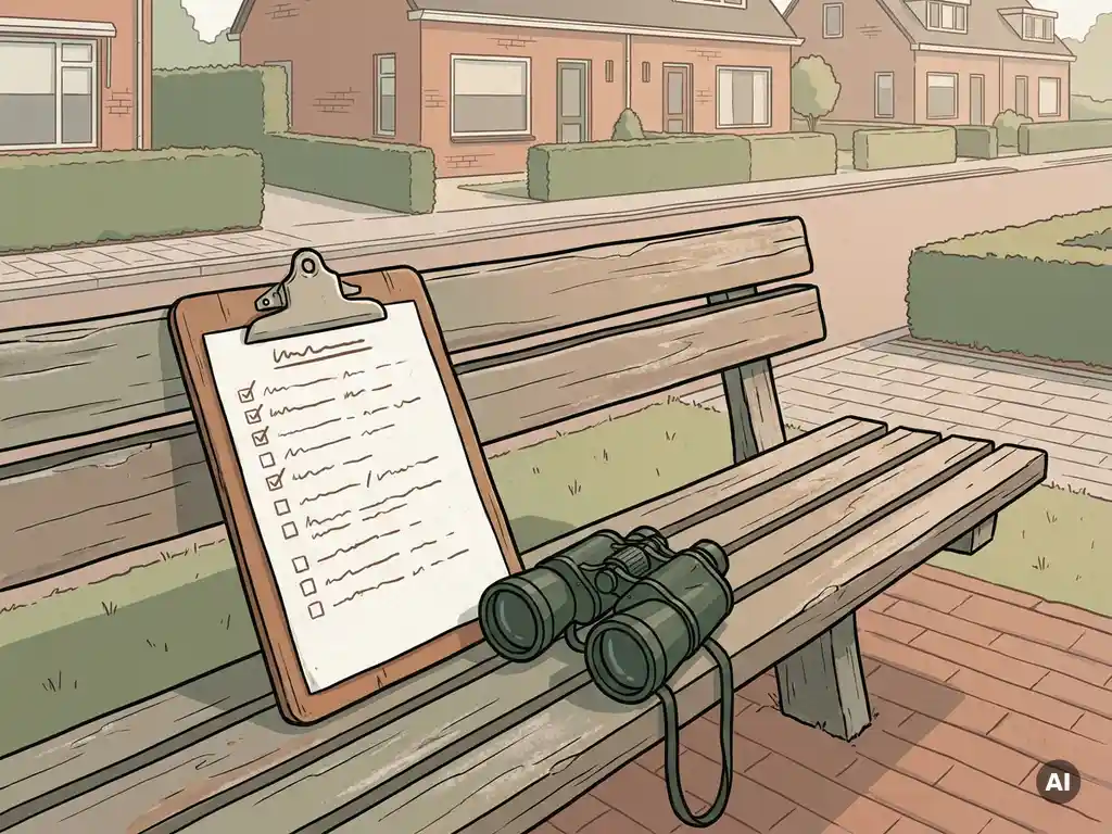 Klembord met checklist en verrekijker op verweerde bank, met verzorgde Nederlandse woonstraat met bakstenen en heggen op de achtergrond.
