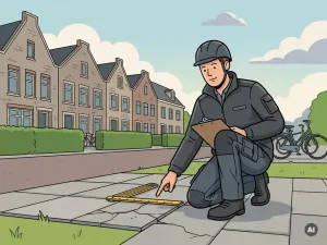 Gemeentelijke inspecteur meet een gebarsten stoeptegel in een Nederlandse woonstraat met rijtjeshuizen en gesnoeide hagen.