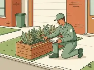 Gemeentelijke inspecteur meet grastrottoirband naast verzorgde plantenbak in nette Nederlandse woonstraat.