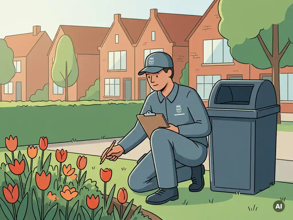 Gemeentelijke inspecteur hurkt bij een bloemperk en afvalbak langs een verzorgde grasrand in een Nederlandse woonstraat.