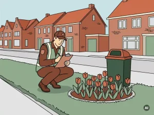 Gemeentelijke inspecteur met klembord naast gras en bloembak in Nederlandse woonstraat, rijhuizen op achtergrond.