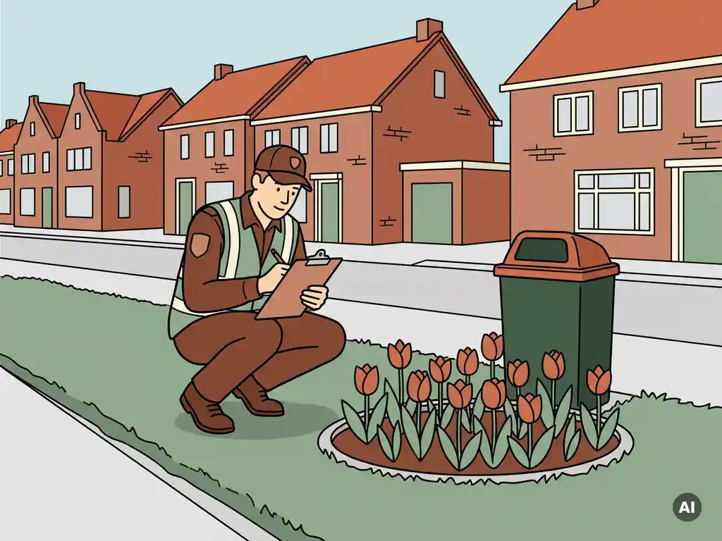 Gemeentelijke inspecteur met klembord naast gras en bloembak in Nederlandse woonstraat, rijhuizen op achtergrond.