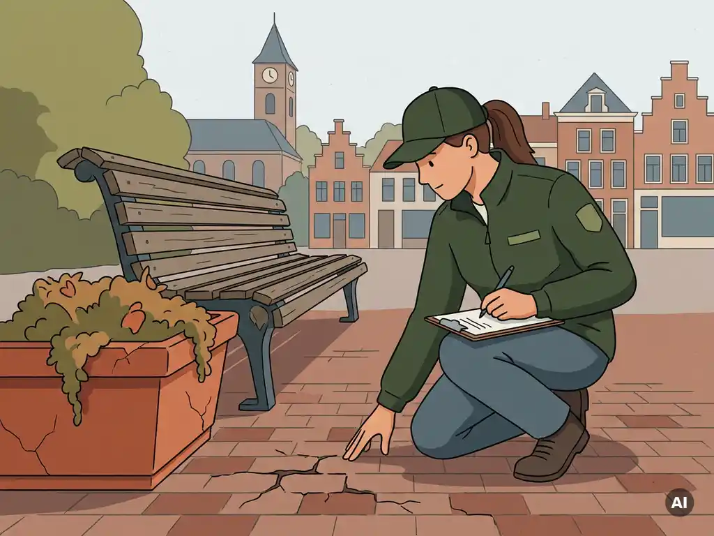 Gemeentelijke inspecteur hurkt bij verweerde parkbank op bakstenen plein, controleert voegwerk met klembord, Nederlandse stadsgevel op achtergrond.