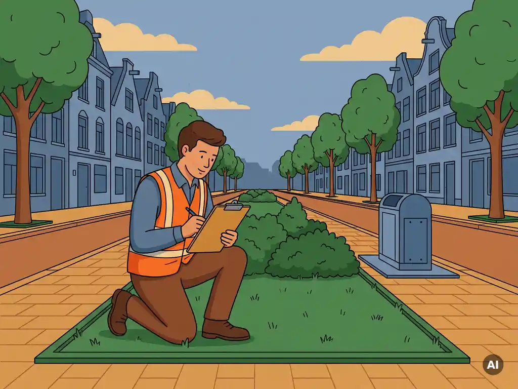 Gemeentewerker in veiligheidsvest noteert bevindingen op klembord naast verzorgd groen in een Nederlandse straat met bomen en klinkers.