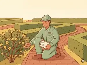 Gemeentemedewerker hurkt bij bloeiende struik in Nederlands park, klembord op knie, omringd door geschoren hagen en bakstenen paden.