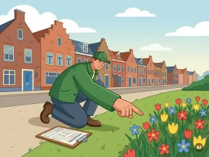 Veldinspecteur hurkt naast een bloemenbed langs een Nederlandse straat met bakstenen gevels en wijst naar beplanting met klembord op de grond.