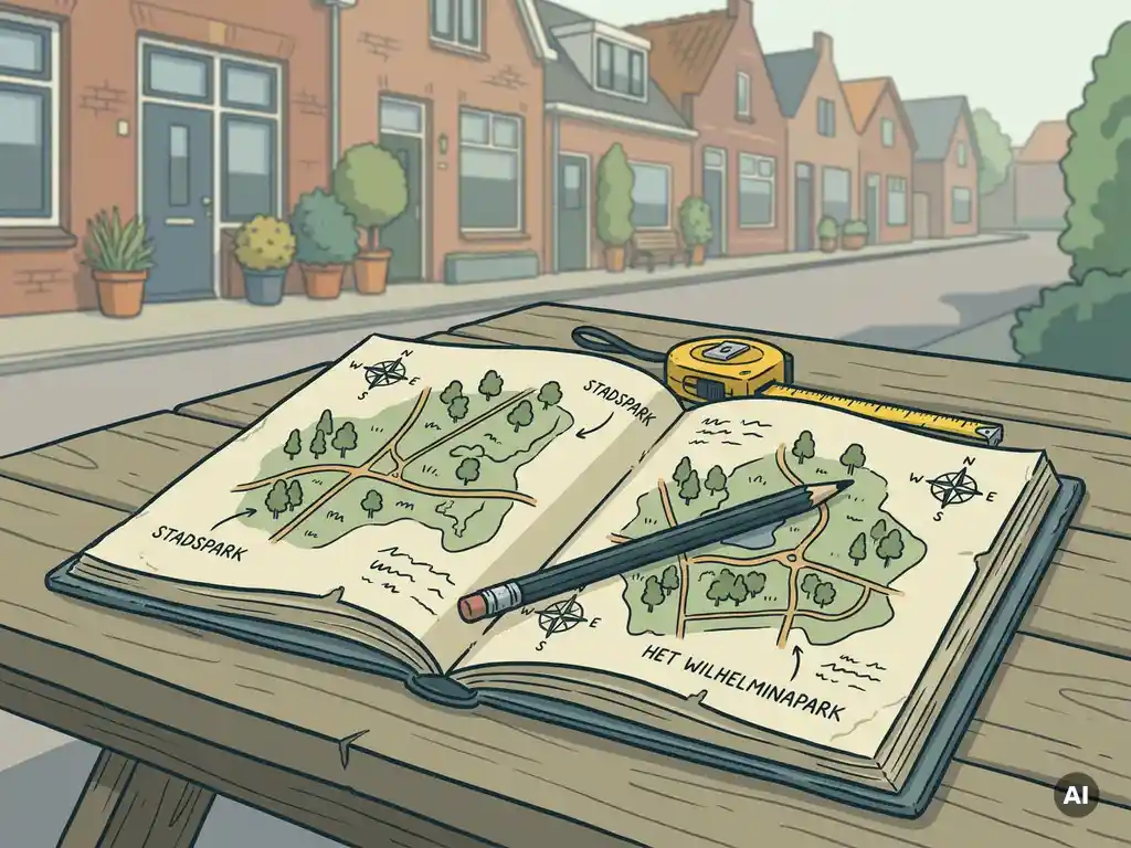Opengeslagen veldnotitieboek met handgetekende kaarten van groenvoorzieningen, meetlint en potlood, Nederlandse woonstraat op de achtergrond.