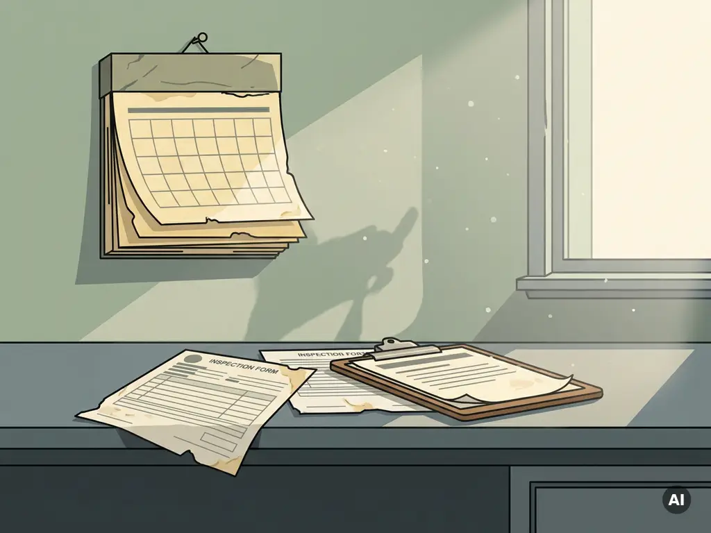 Vergeelde wandkalender met omgekrulde pagina's boven een gemeentelijk bureau met vervaagde inspectieformulieren en een versleten klembord.