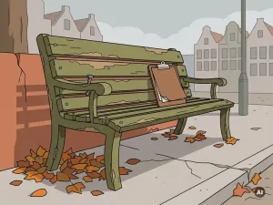 Verweerde houten parkbank met afbladderende verf en losse bout op gebarsten betonpad, omringd door herfstbladeren, met gemeentelijk klembord.