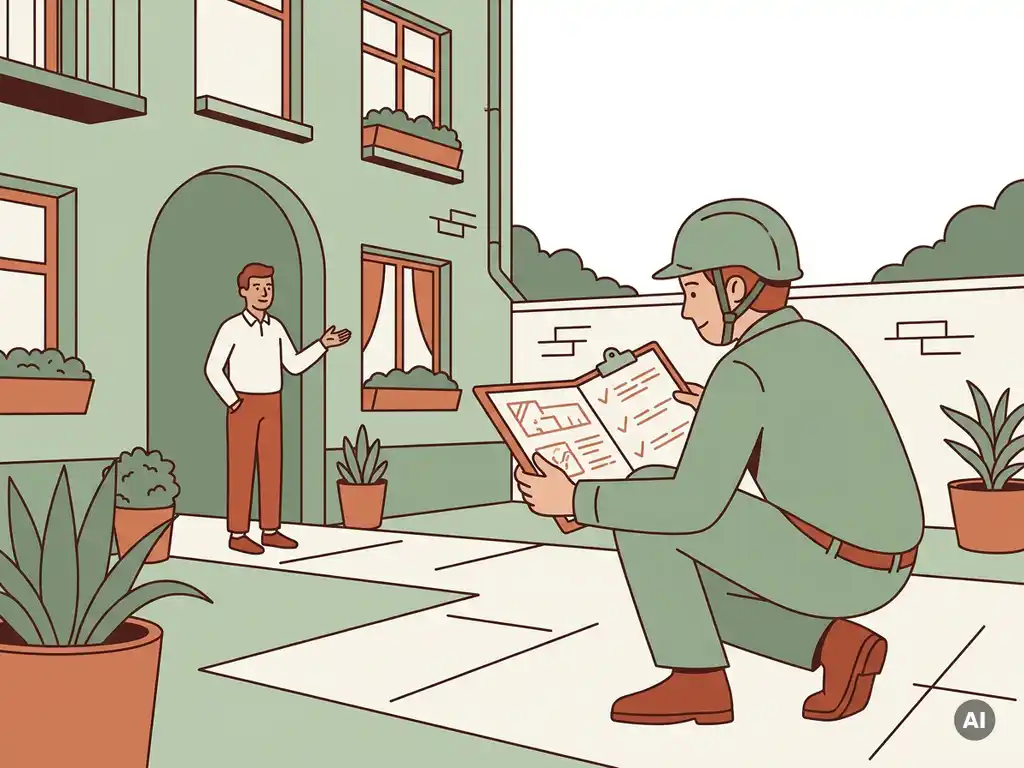 Woningcorporatie-inspecteur hurkt met klembord bij verzorgde binnenplaats, bezorgde bewoner zichtbaar bij appartementsingang.